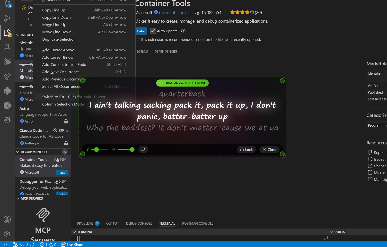 SeeLyric unlocked and resized over a code editor, showing five-line context and the font/opacity handles