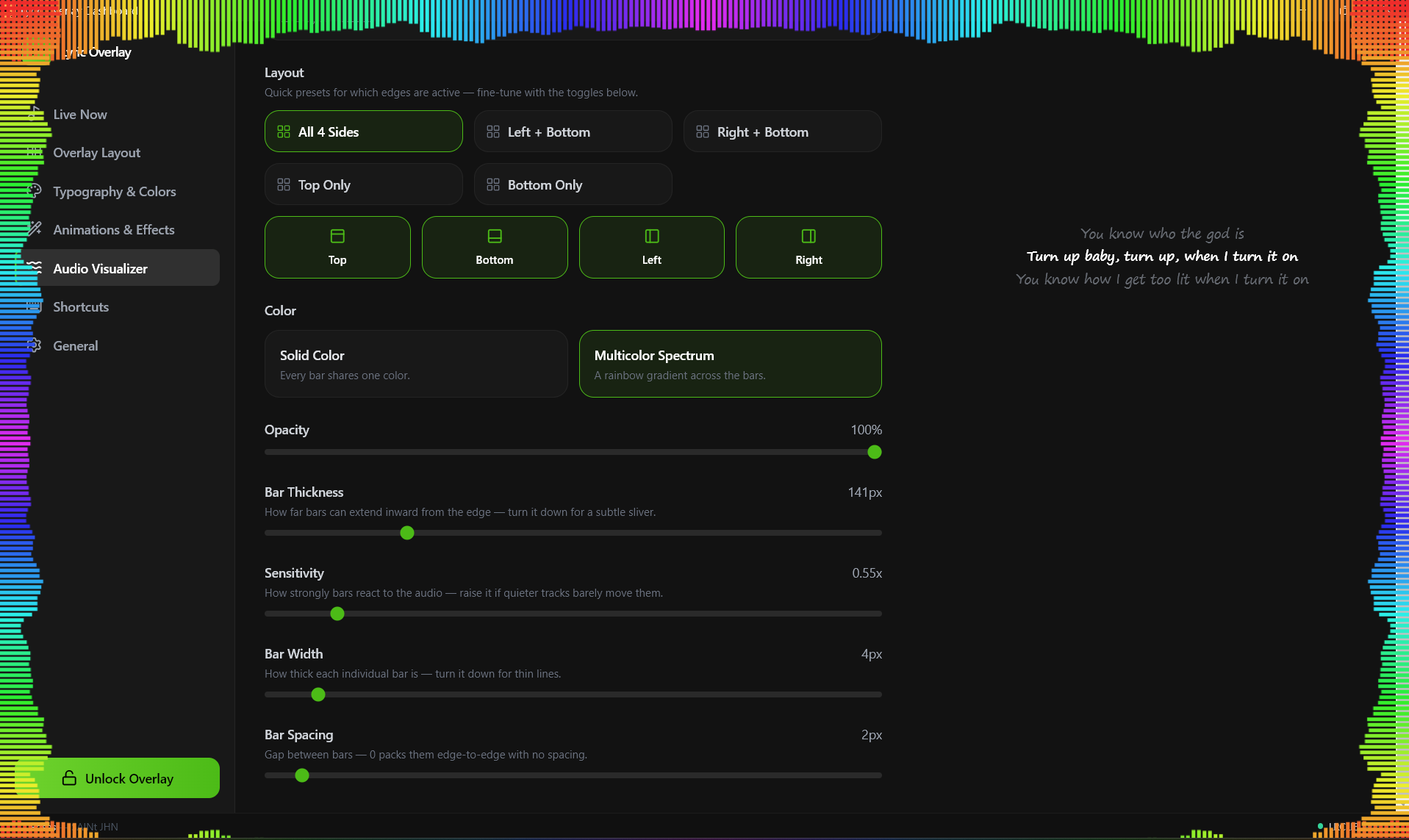 The Dashboard's Audio Visualizer panel, with a full rainbow spectrum lighting up all four screen edges next to the synced lyrics