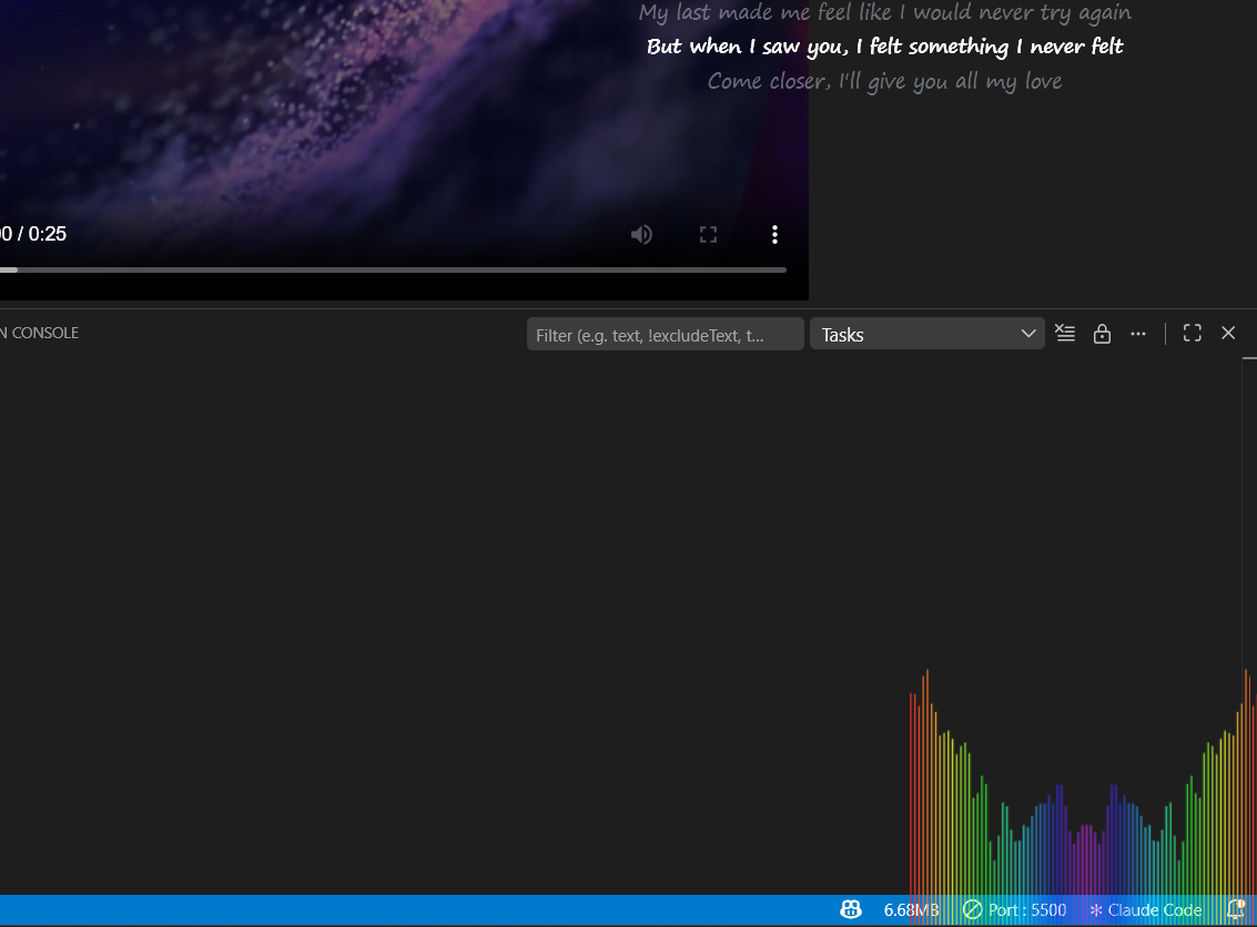 Audio Visualizer running as a custom floating window, a rainbow bar strip in the corner, alongside the synced lyrics overlay